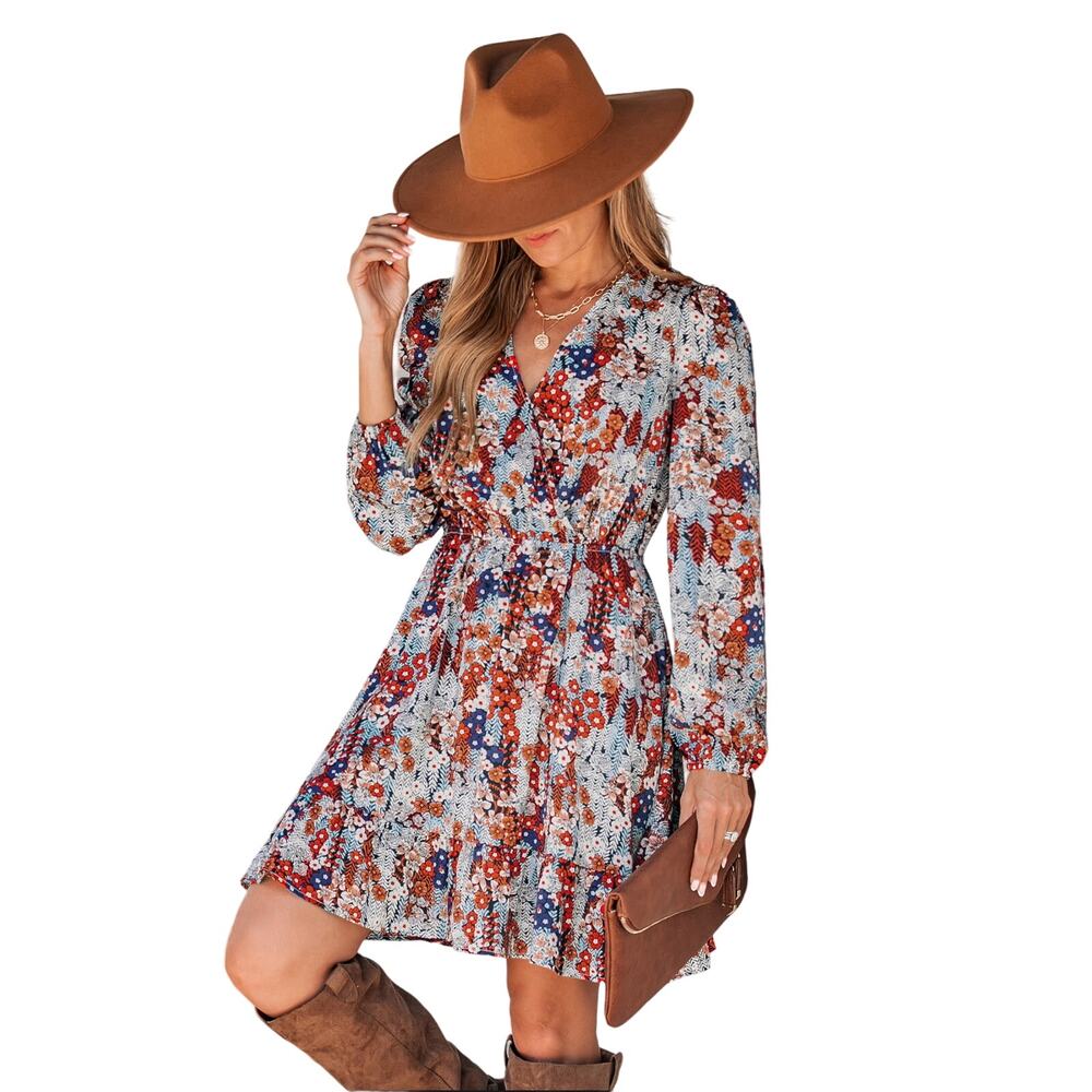 Floral Faux Wrap Boho Short Dress Long Sleeve Cupshe Sz Small Surplice Festival